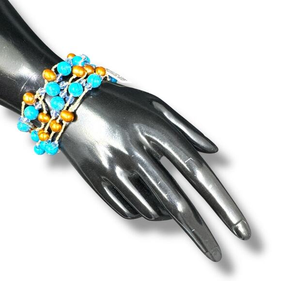 Multi Strand Bracelet Brown Fresh-Water Pearls & Turquoise Sterling Silver Clasp - Picture 1 of 8